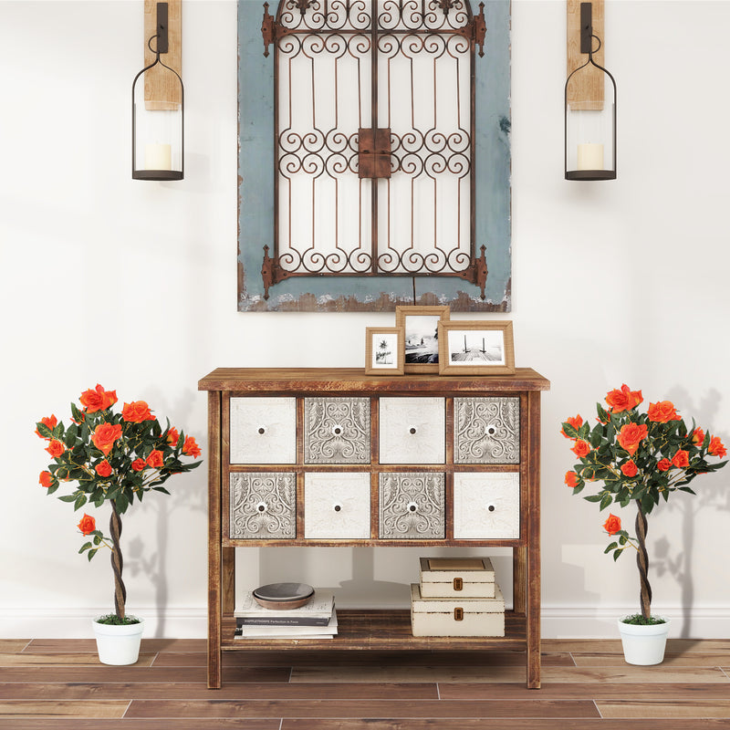 Set 2 Piante Artificiali Camelie con 21 Fiori per Interni con Vaso in PE Arancione  