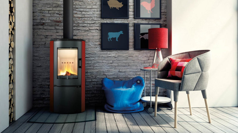 Stufa a Legna 5,5/10,5KW Piastrellata in Acciaio Flig Paramount Rossa