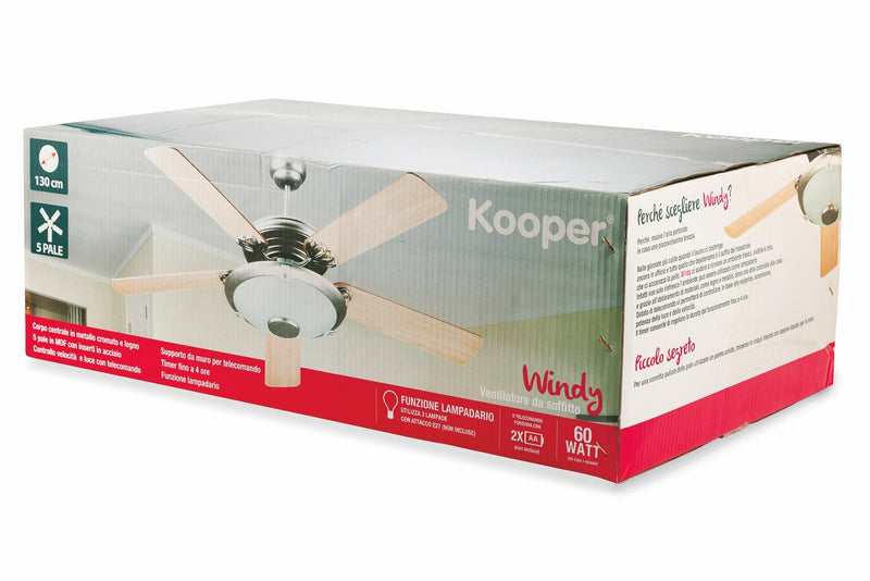 Ventilatore da Soffitto con 5 Pale e Lampada Ø130cm 3 Velocità Kooper Windy 