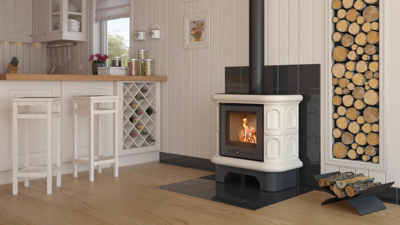 Stufa a Legna 75x74,8x37,7cm Flig Wilmington Bianca con Piastrelle Bianche