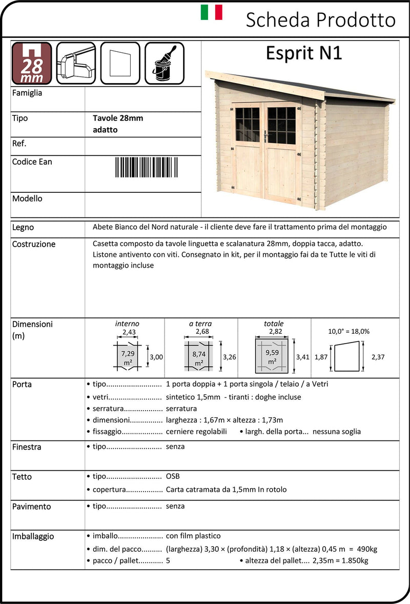 Casetta Box da Giardino per Attrezzi 2,81x3,41m Senza Pavimento in Legno Abete 28mm Esprit N1