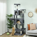 Albero Tiragraffi per Gatti Alto 202 cm con 6 Pali in Sisal Casette Amache e Lettino Grigio      