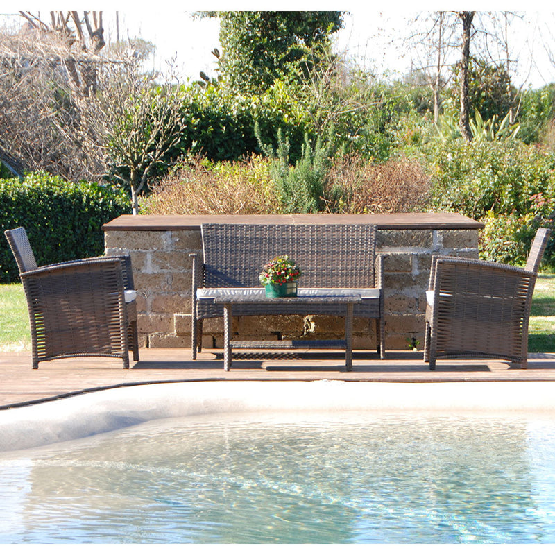 Set Salottino Polyrattan Color Caffe' Divano Poltrone Tavolino per Arredo Giardino Terrazzo