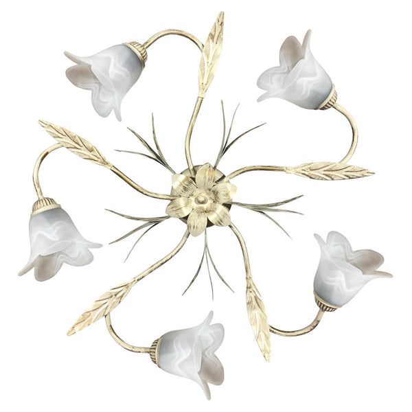 online Plafoniera 5xE14 Montatura Avorio Oro Vetro Spugnato Bianco E-Energy Amelia