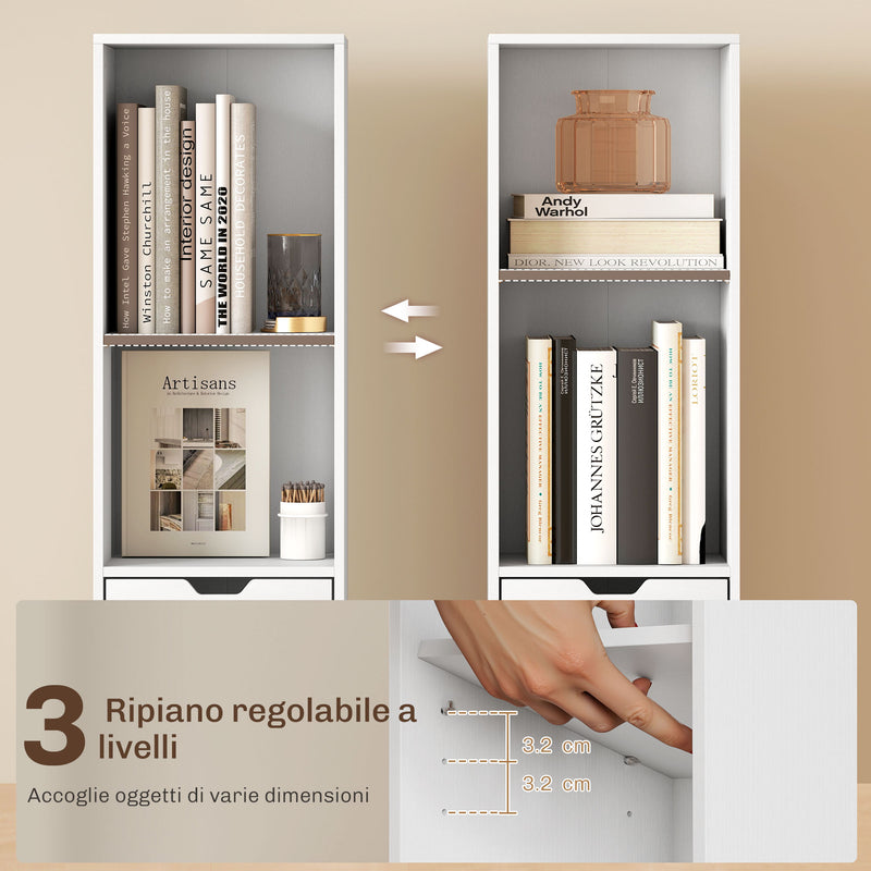 Scaffale Libreria 30x24x158 cm a 4 Ripiani Aperti con Armadietto e Cassetto in Legno Bianco      