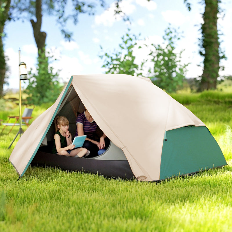 Tenda da Campeggio 2 Posti Impermeabile 280x225x110 cm con 2 Vestiboli e 2 Porte Beige   