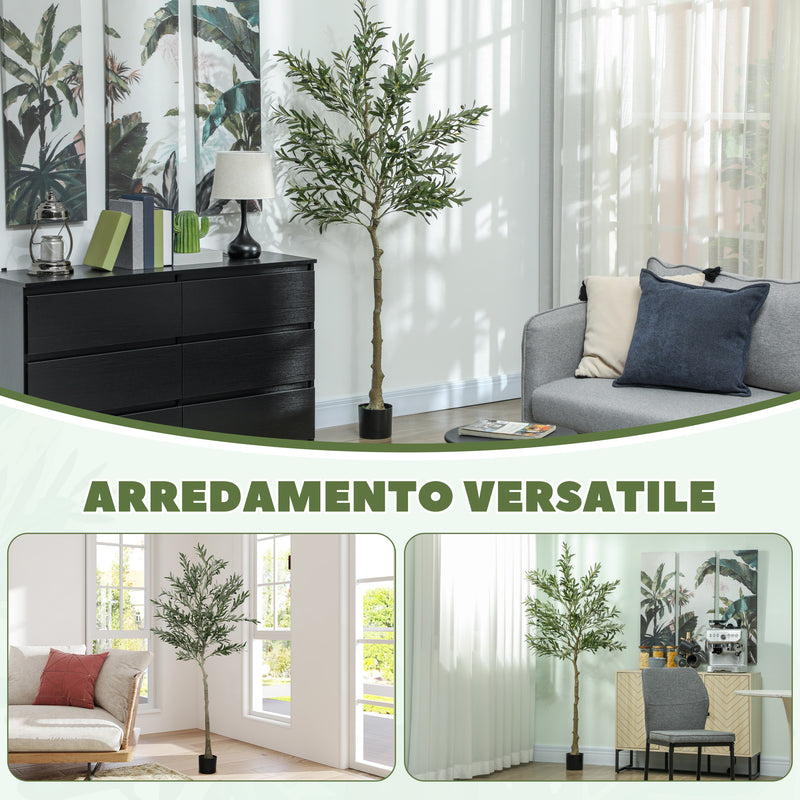 Pianta Artificiale di Olivo Alta 180 cm con 900 Foglie e 40 Olive Vaso Incluso Nero   