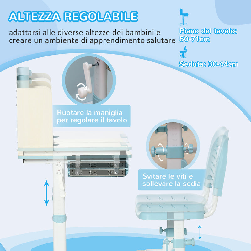 Set Scrivania e Sedia per Bambini da 3 Anni Regolabile Tavolo Inclinabile a 60° con Cassetto e Ripiani in PP e Acciaio Blu      