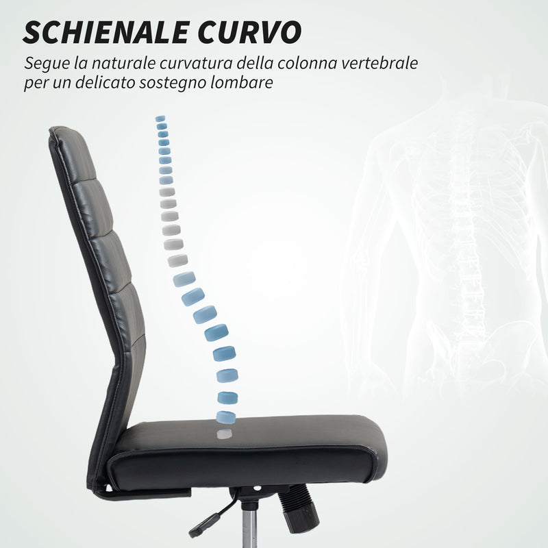 Sedia da Ufficio Ergonomica e Regolabile 58x53x97-107 cm con Schienale Ricurvo in Pelle PU e Acciaio Nero      