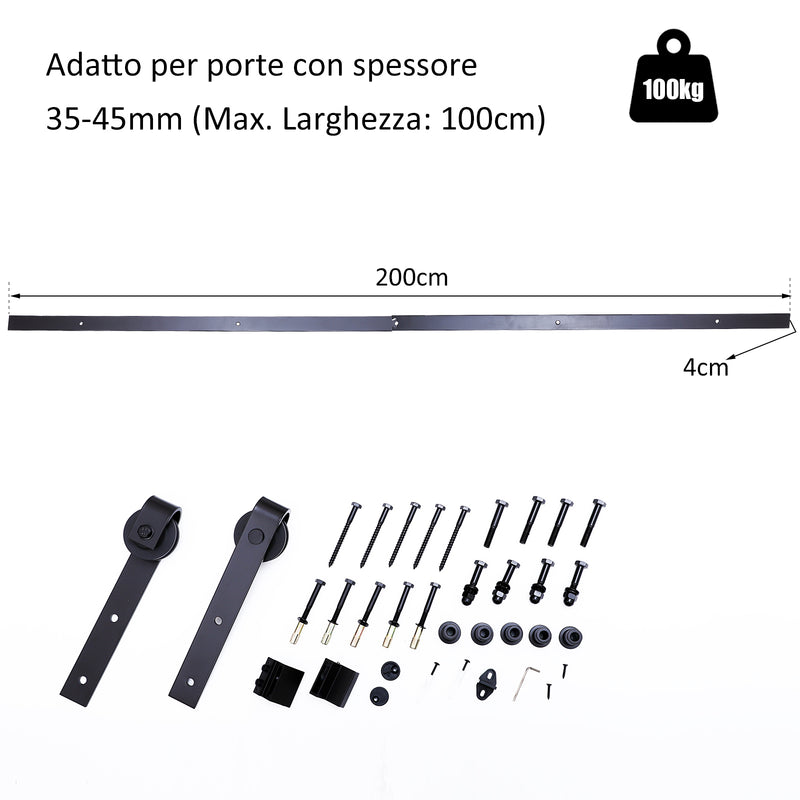 Binario per Porte Scorrevoli con Kit di Accessori in Acciaio al Carbonio 200x4x0.6 cm 