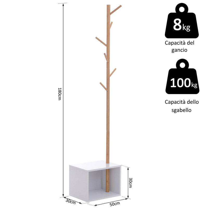 Appendiabiti Scarpiera con 6 Ganci in Bambù Bianco 50x30x180 cm 