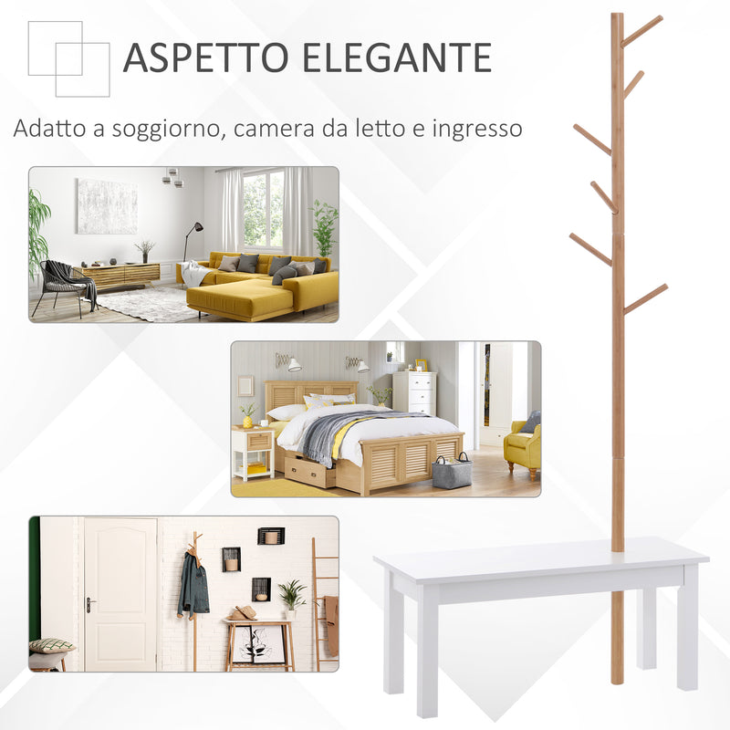 Panca con Appendiabiti in Bambù Bianco e Legno 80x30x180 cm 