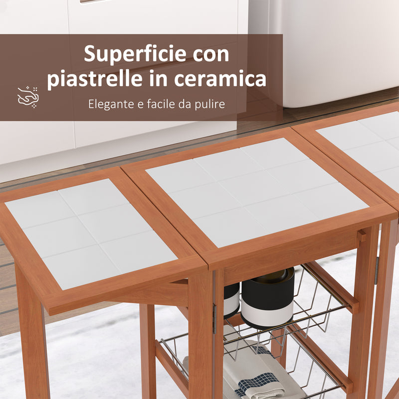 Carrello da Cucina Servizio Ausiliare in Legno e Metallo Cromato con 6 Ruote e Cassetto