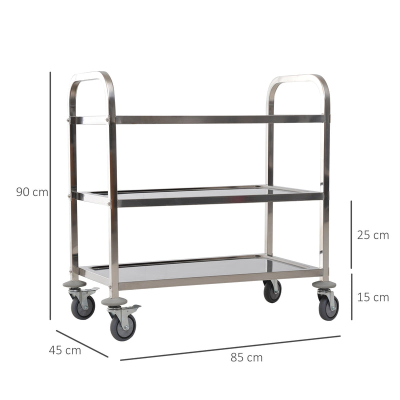 Carrello Portavivande da Cucina 3 Ripiani in Acciaio Inox 85x45x90 cm