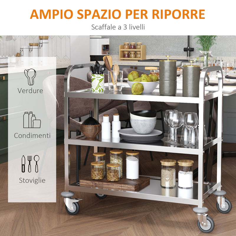 Carrello Portavivande da Cucina 3 Ripiani in Acciaio Inox 85x45x90 cm