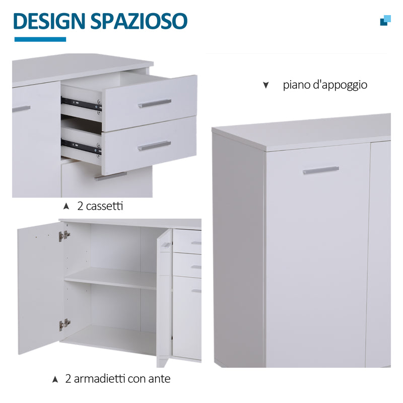 Armadietto con 3 Ante e 2 Cassetti in Legno Truciolato Bianco 106x35x76 cm 