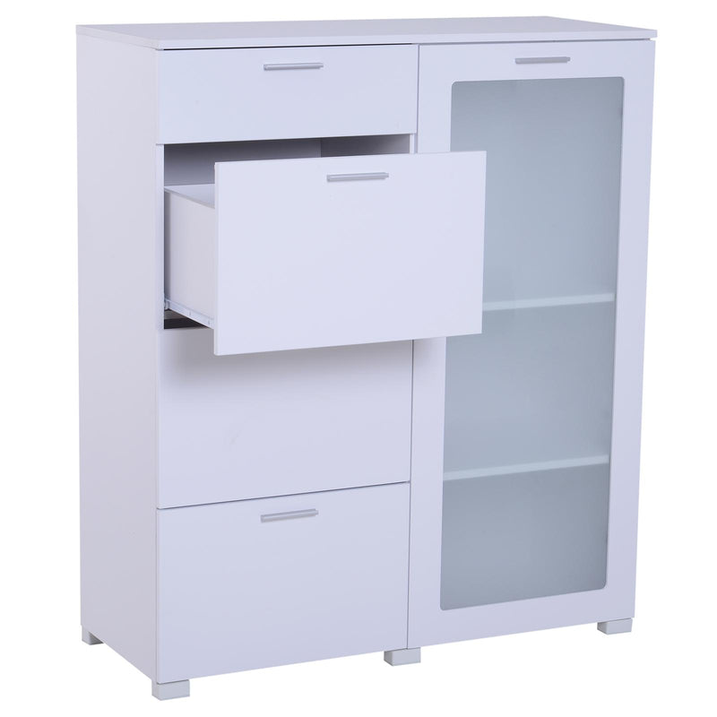 Mobiletto Cassettiera 4 Cassetti 3 Ripiani in Legno e Vetro Temperato Bianco 100x40x116.5 cm 