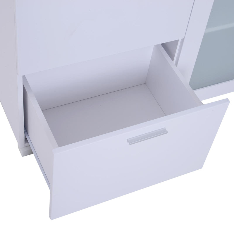 Mobiletto Cassettiera 4 Cassetti 3 Ripiani in Legno e Vetro Temperato Bianco 100x40x116.5 cm 