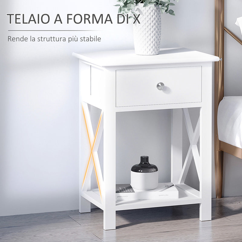 Comodino per Camera da Letto Tavolino d'Appoggio con Cassetto in Legno Bianco 40x30x55 cm 