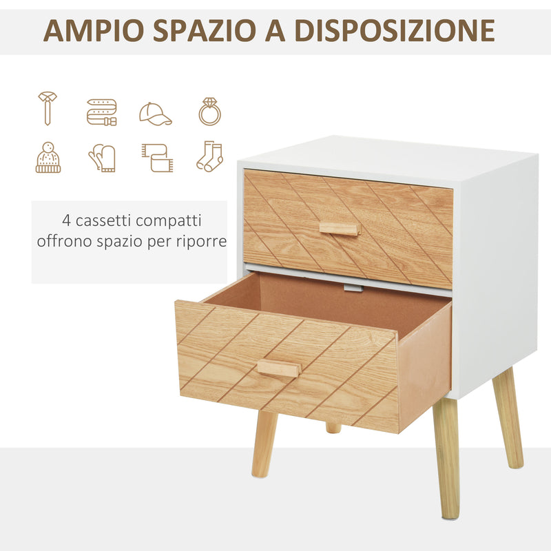 Comodino in Legno 2 Cassetti Stile Scandinavo Bianco e Legno 40x30x55,5 cm 