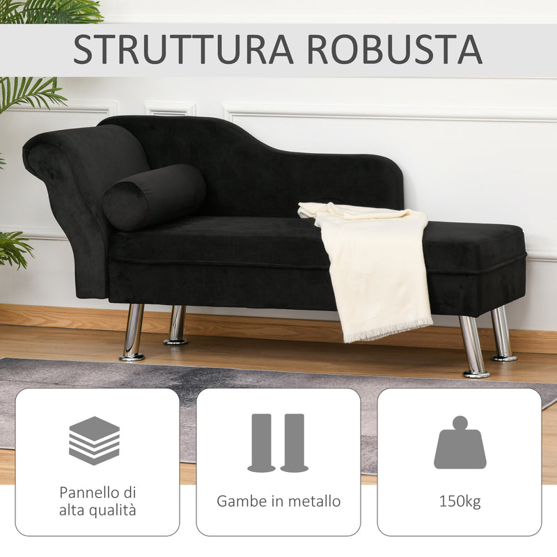 Divano Chaise Longue con Cuscino Rotondo in Flanella Nero 160x56x75 cm 