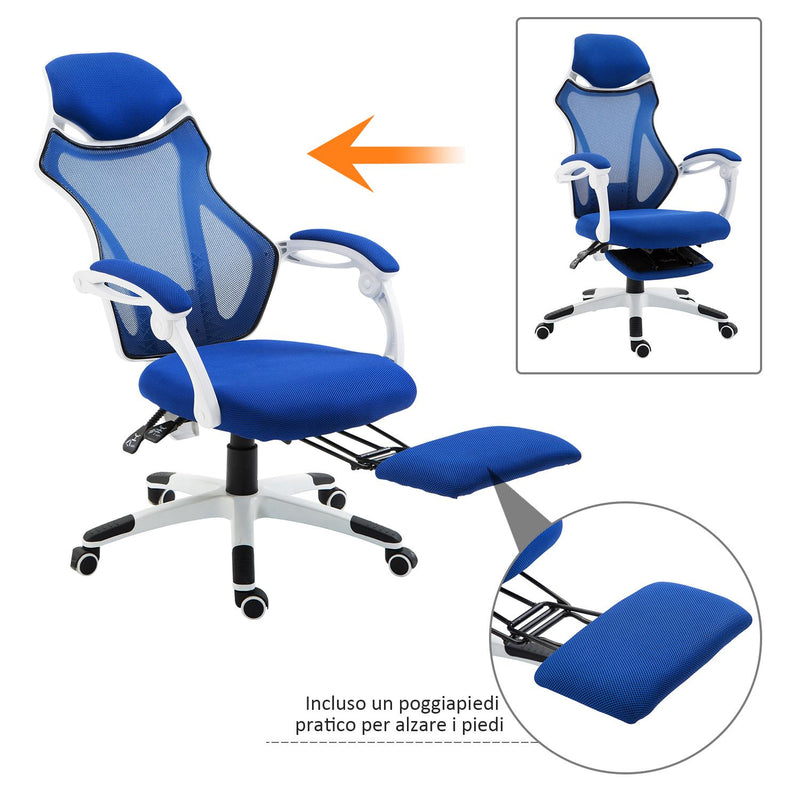 Sedia da Gaming Ergonomica Girevole e Reclinabile con Poggiapiedi Blu 
