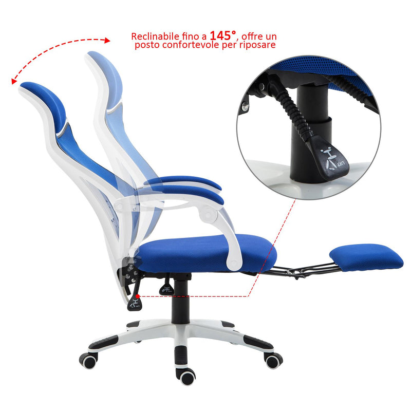 Sedia da Gaming Ergonomica Girevole e Reclinabile con Poggiapiedi Blu 