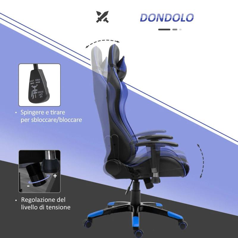 Sedia da Gaming in Similpelle con Sostegno Lombare e Collo Nera e Blu 