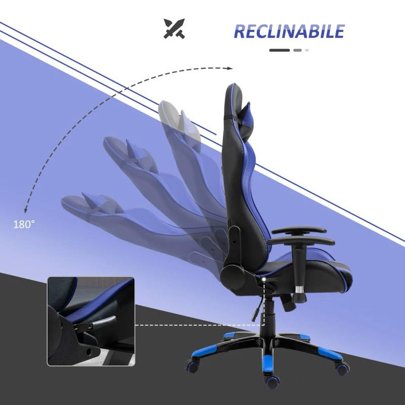 Sedia da Gaming in Similpelle con Sostegno Lombare e Collo Nera e Blu 