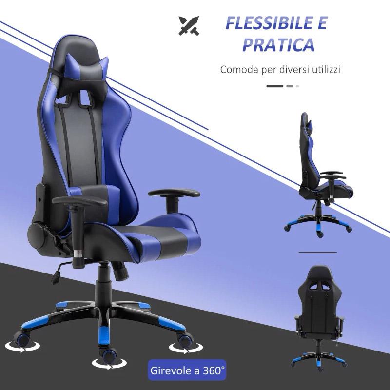 Sedia da Gaming in Similpelle con Sostegno Lombare e Collo Nera e Blu 