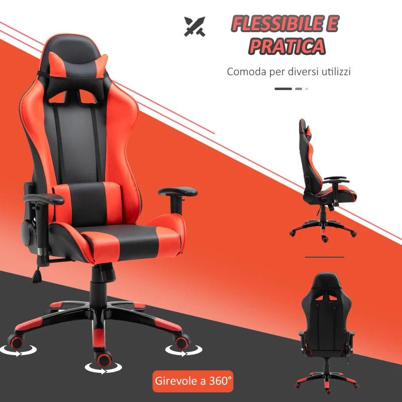 Sedia da Gaming in Similpelle con Sostegno Lombare Collo Nera e Rossa 