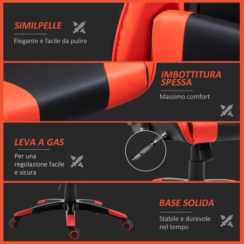 Sedia da Gaming in Similpelle con Sostegno Lombare Collo Nera e Rossa 