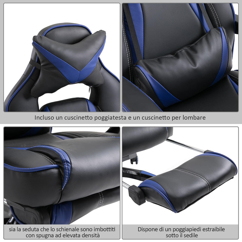Sedia da Gaming con Rotelle in Similpelle Blu e Nero 