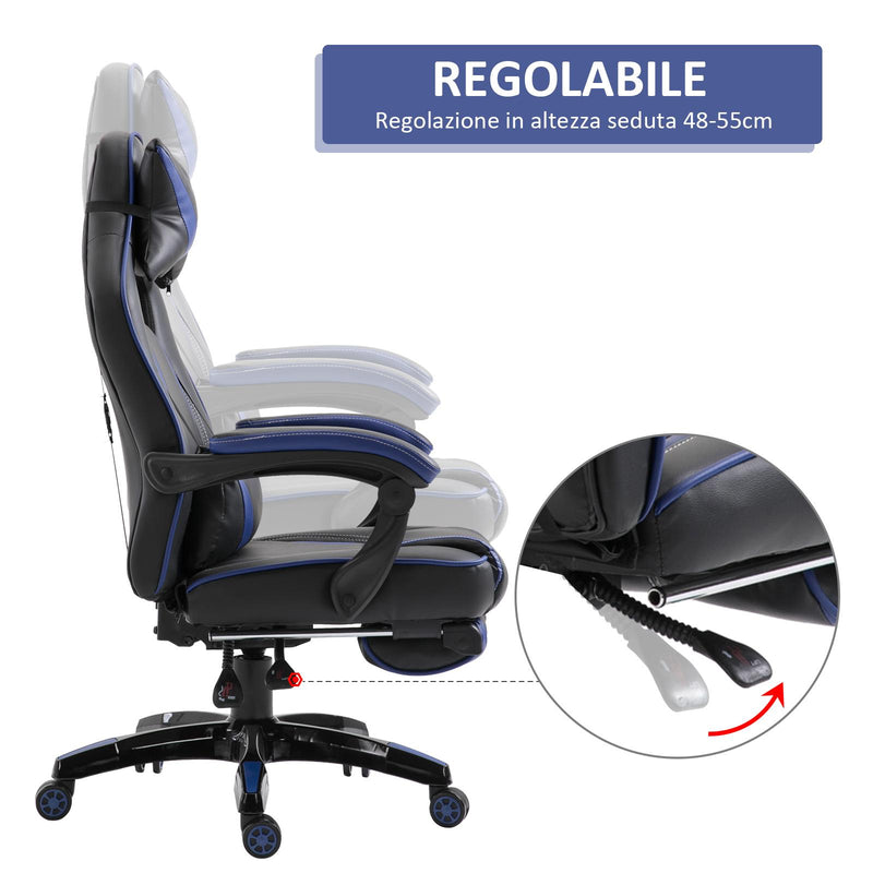 Sedia da Gaming con Rotelle in Similpelle Blu e Nero 