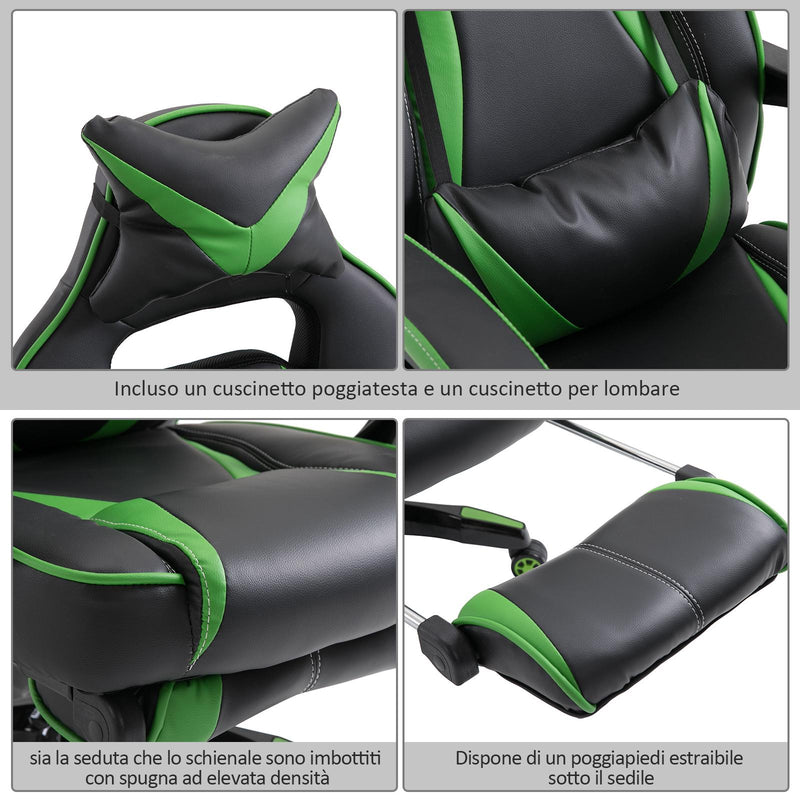 Sedia da Gaming con Rotelle in Similpelle Nero e Verde 