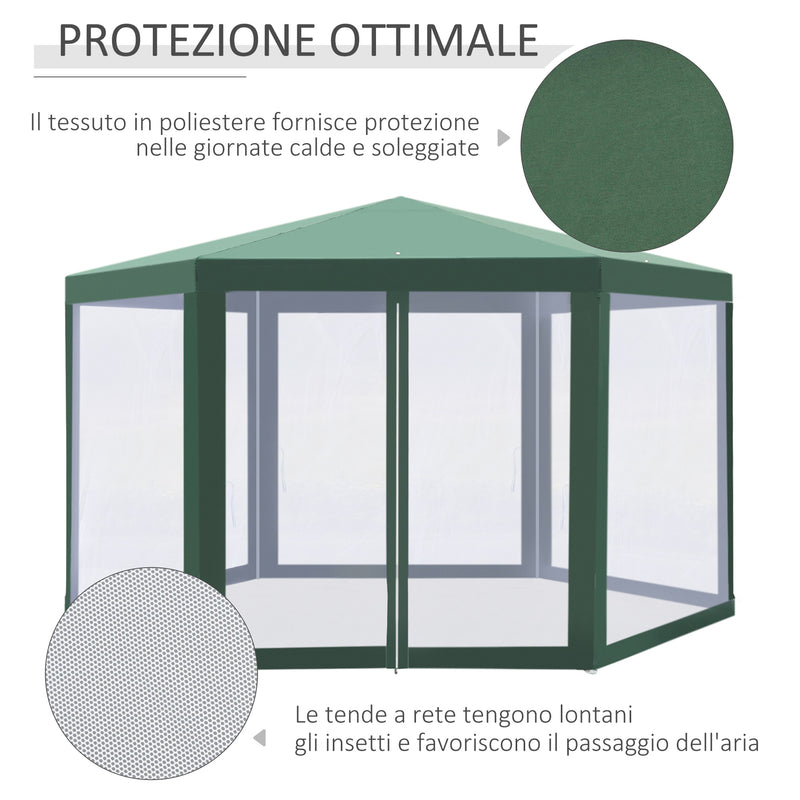 Gazebo Esagonale 3,9x2,5 m con Zanzariere in Ferro e Poliestere Verde 