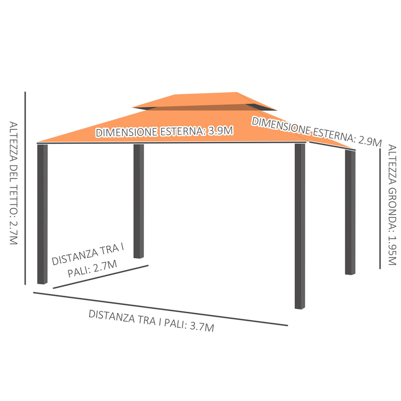 Gazebo da Giardino di Lusso con Tettoia Idrorepellente 2.9x3.9m Arancione 