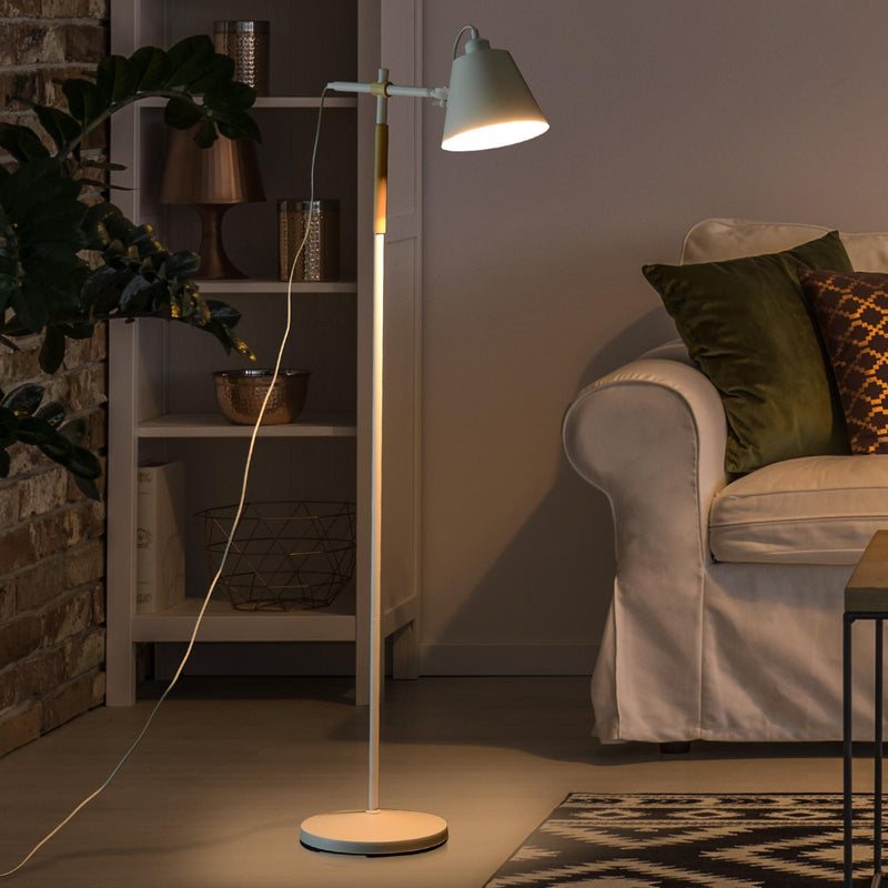 Lampada da Terra Bianca Paralume Regolabile in Metallo e Legno 