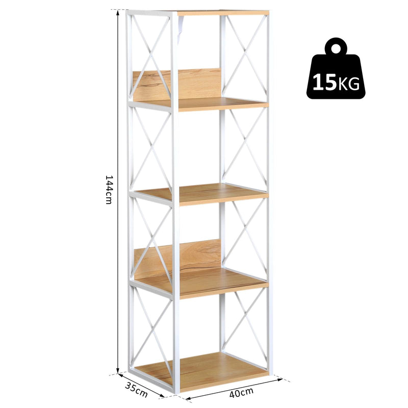 Libreria Scaffale 5 Ripiani con Struttura in Acciaio Bianco e Ripiani in Legno 40x35x143.5 cm 