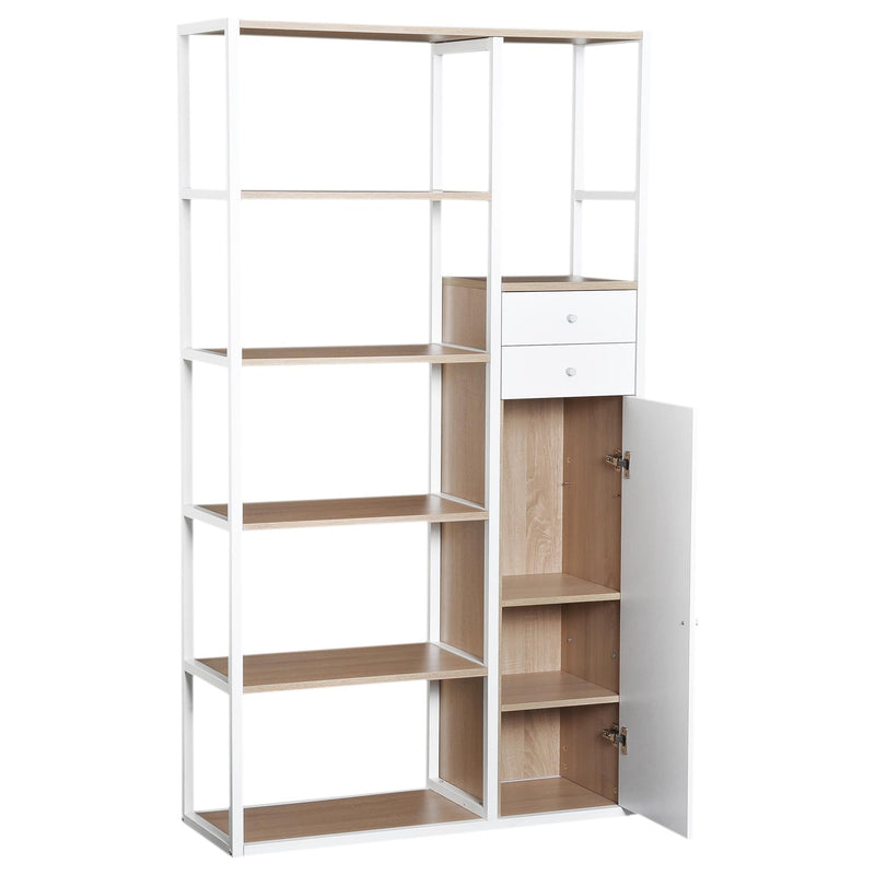 Libreria 6 Ripiani con 2 Cassetti e Armadietto in Acciaio e Legno Bianco e Rovere 100x35x180 cm 