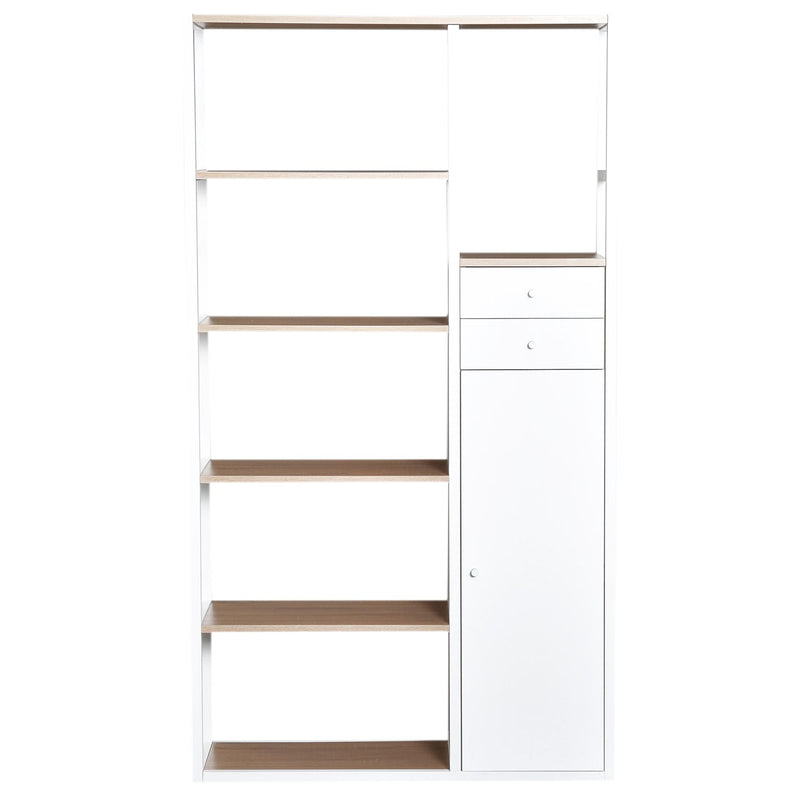 Libreria 6 Ripiani con 2 Cassetti e Armadietto in Acciaio e Legno Bianco e Rovere 100x35x180 cm 