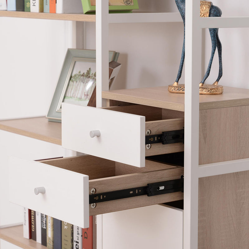 Libreria 6 Ripiani con 2 Cassetti e Armadietto in Acciaio e Legno Bianco e Rovere 100x35x180 cm 