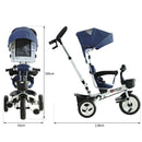 Passeggino Triciclo per Bambini con Maniglione Tetto Parapioggia Regolabile e Cestino Blu 