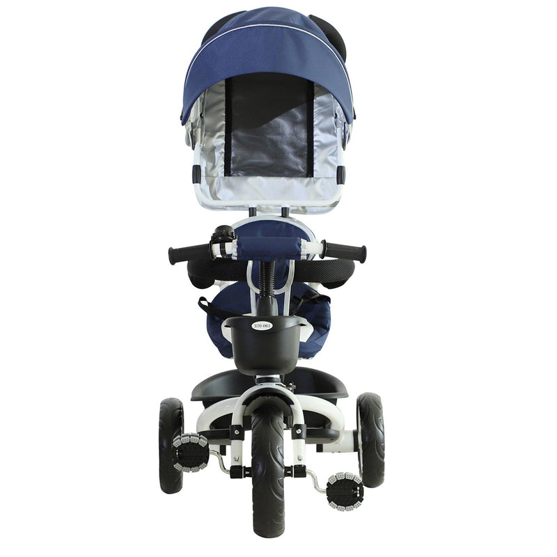 Passeggino Triciclo per Bambini con Maniglione Tetto Parapioggia Regolabile e Cestino Blu 