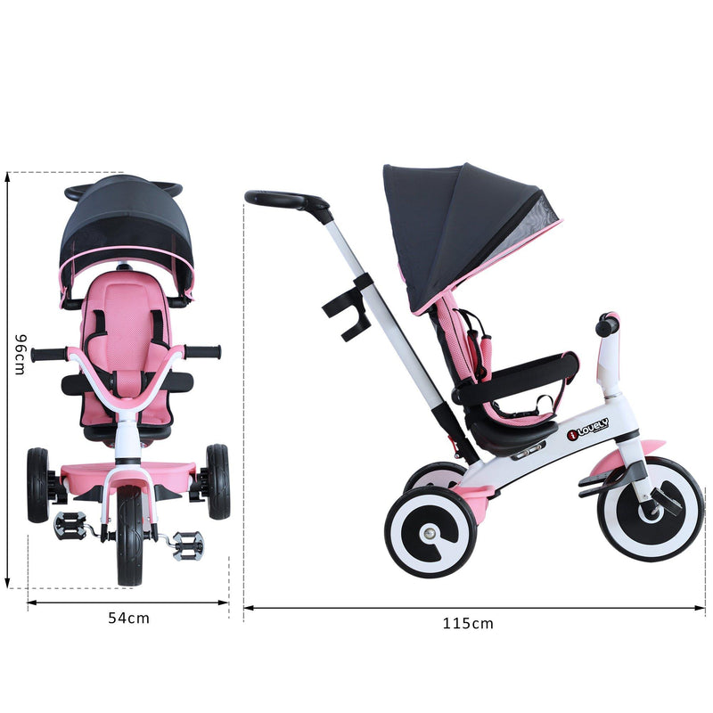 Passeggino Triciclo per Bambini con Maniglione Tettuccio e Cestino Rosa Chiaro 