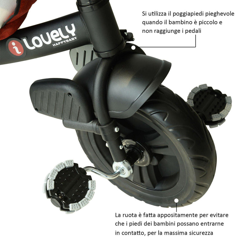 Passeggino Triciclo per Bambini con Maniglione e Tettuccio Nero e Rosso 