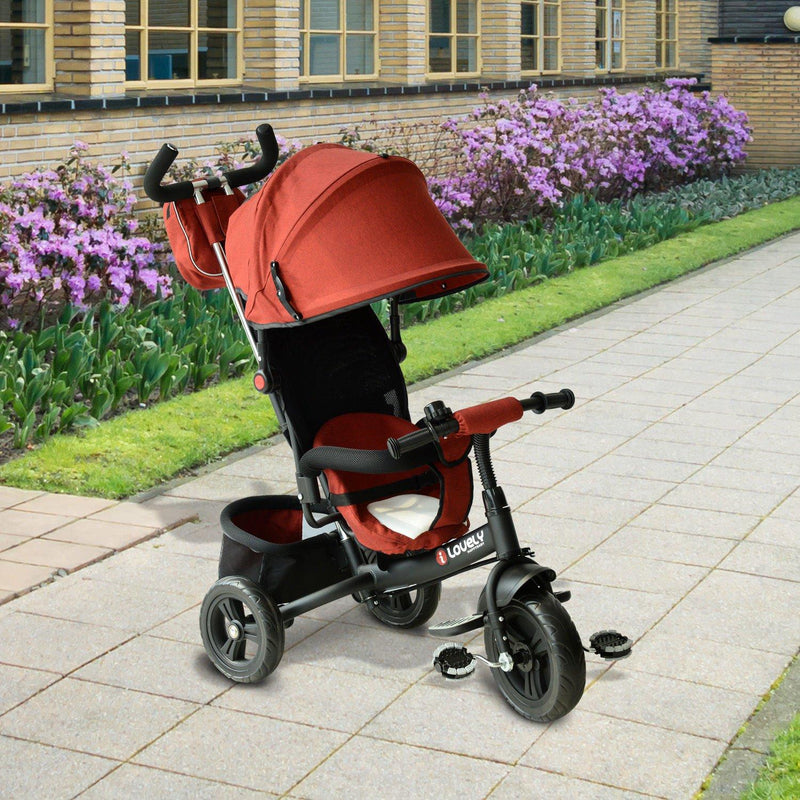 Passeggino Triciclo per Bambini con Maniglione e Tettuccio Nero e Rosso 