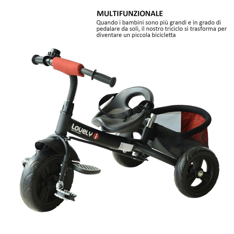 Passeggino Triciclo per Bambini con Maniglione e Tettuccio Nero e Rosso 