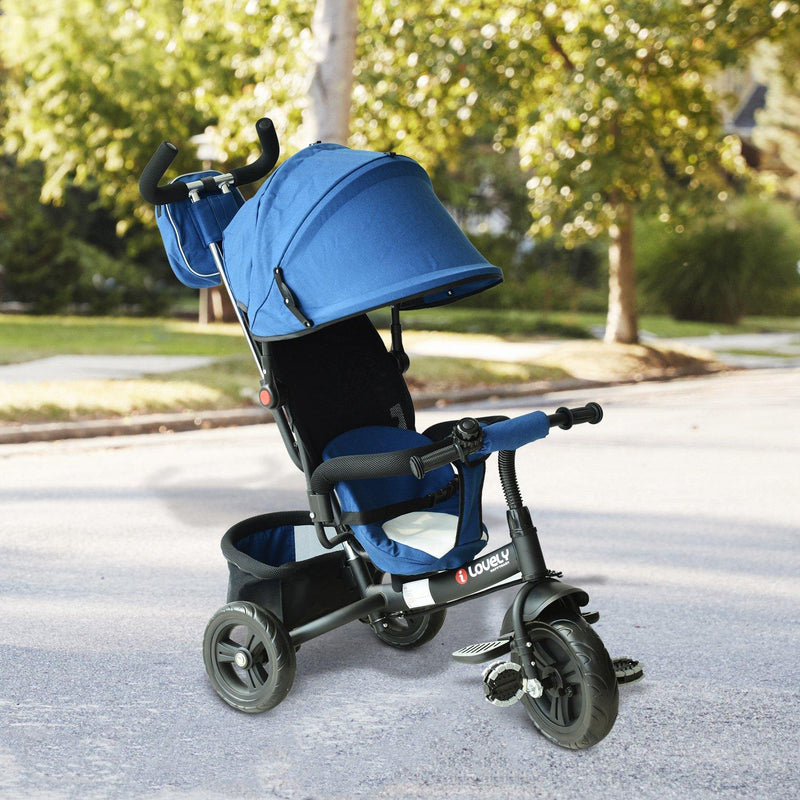 Passeggino Triciclo per Bambini con Maniglione e Tettuccio Nero e Blu 