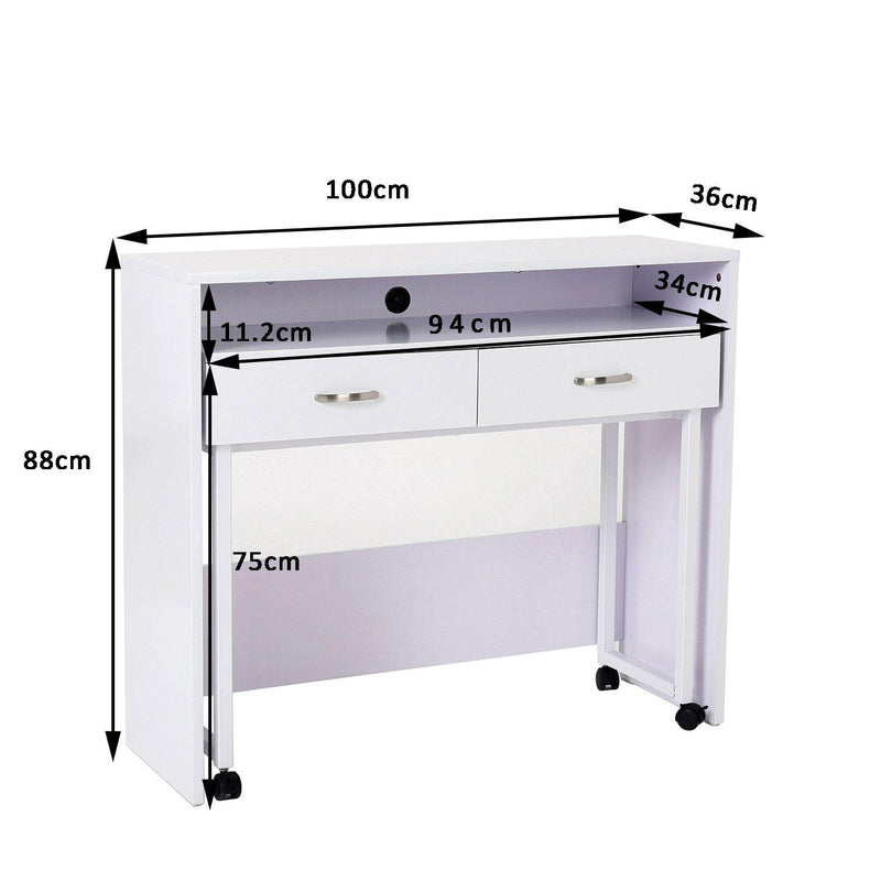 Scrivania Tavolo Porta PC con due Ripiani con Ruote in Legno MDF Bianco 100x36x88 cm 